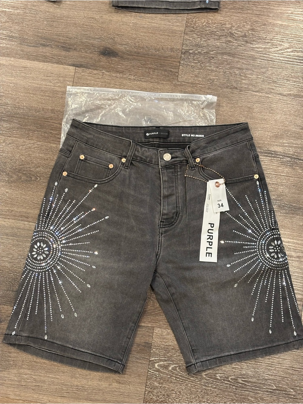 Purple Embellished Black Jean Shorts - Men's